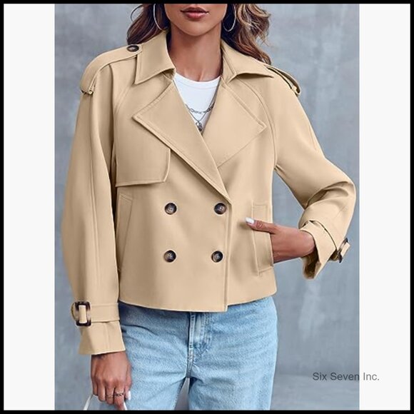 Women's Crop Double Breasted Trench Coat Raglan Sleeve Jacket - Picture 3 of 7